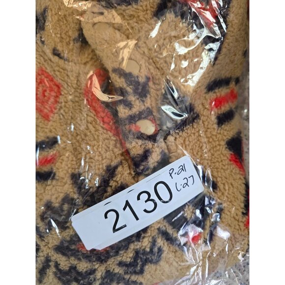 Vintage Aztec Fleece Sherpa Pullover Jacket Tan & Red Geometric Pattern Cozy War - Picture 4 of 4